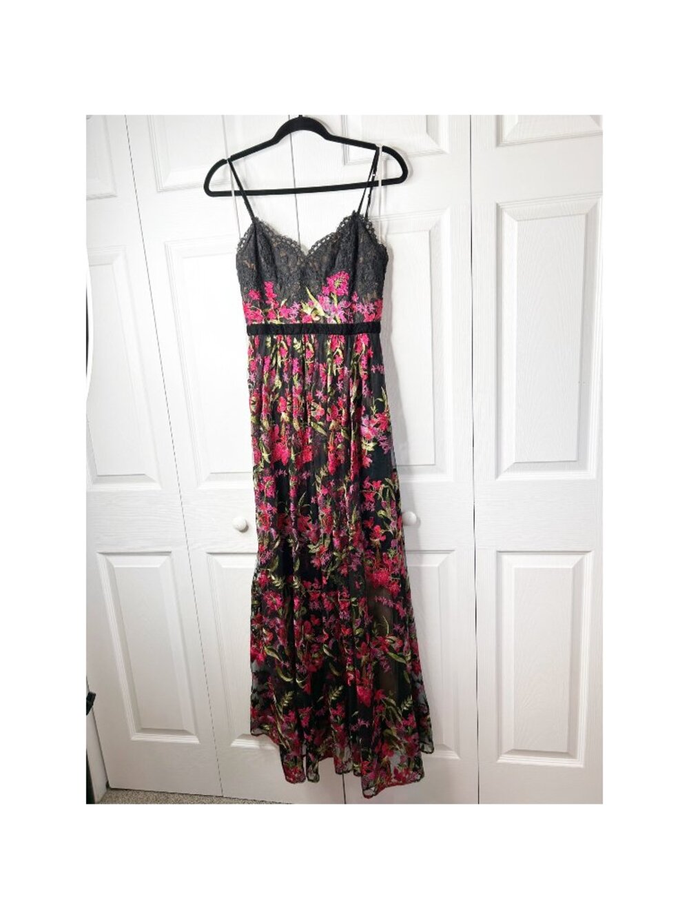 Marchesa Notte Embroidered Lace Black Multi-Color Maxi Gown Women's Size 2